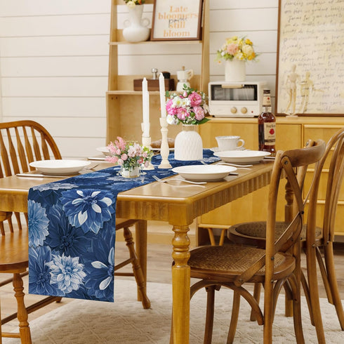 Summer 13x108 Inch Navy Blue Dahlia Flower Spring Table Runner Blue Gray Burlap Table Runners, Floral Seasonal Coffee