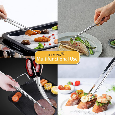 JETKONG Set of 3 Extra Long Kitchen Tweezers, Heavy Duty Stainless Steel Cooking Tweezers (9, 12, 14 Inch, Silver)