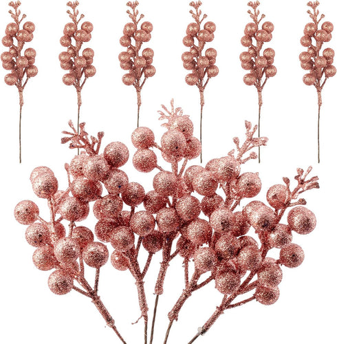 Crafare 24 Pack Rose Gold Christmas Glitter Berries Stems, Artificial Christmas Picks for Tree Ornaments, Crafts,