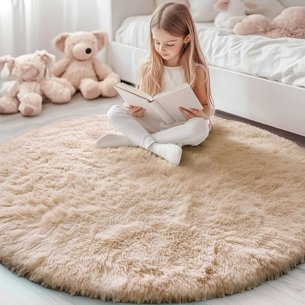 OLANLY Beige Round Rugs for Bedroom - Machine Washable, 5 ft Circle