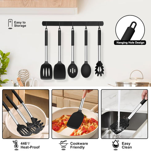 TeamFar 5 PCS Cooking Utensils Set, Silicone Kitchen Tools with Stainless Steel Handle for Nonstick Cookware