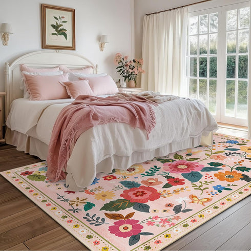 5x7 RELEANY Floral Area Rug Machine Washable Soft Print Boho Carpet Non Slip Doormat Low Pile Flower Area Rugs