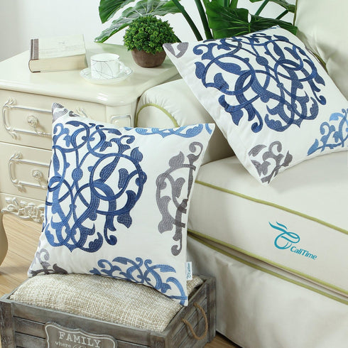 CaliTime Throw Pillow Cases, Pack of 2, Cotton Vintage Compass Geometric Floral Embroidered Cushion Covers, 20 x 20