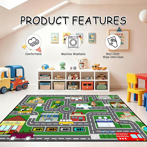 2'5''4' Car Rugs for Kids Toy Car Road Rug for Playroom, Car Traffic Road Play Mat Carpets for Kids Room Bedroom