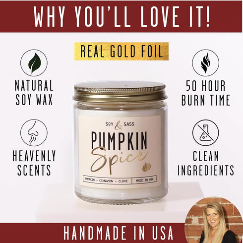 Pumpkin Spice Candle, Fall Candles - 'Pumpkin Spice' Soy Candle, Infused with Essential Oils, 9oz Reusable Jar