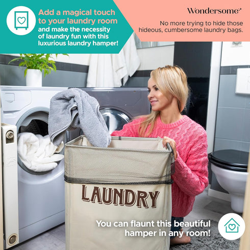 90-Liter Wondersome Laundry Hamper with Wheels - Farmhouse Cream - Extra Large Collapsible Rolling Clothes Cart - Heavy