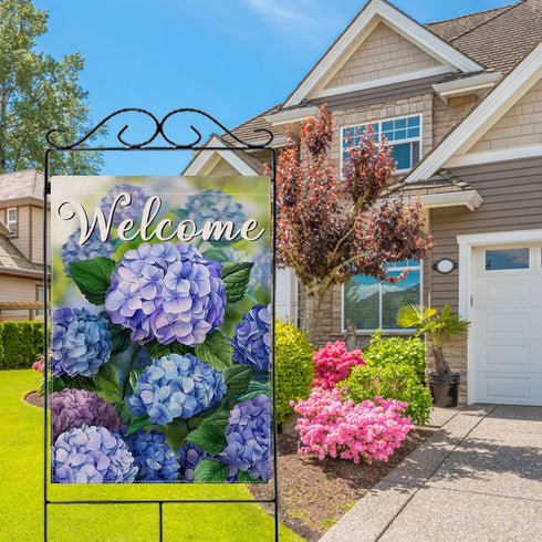 Welcome Spring Floral House Flag, Double Sided Hydrangea Decorative Garden Yard Outdoor Large Decor 28 x 40