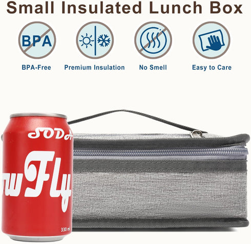 FlowFly Mini Cooler Lunch Box, Portable Soft Bag Thermal Meal Tote Kit with Handle, Heather Grey