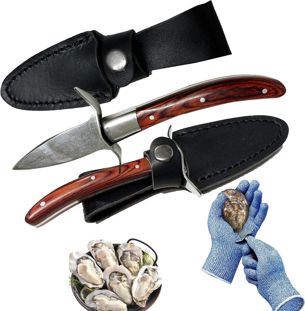 Oyster Shucker, 2 Set Oyster Shucking Knife Tool Kit, Stainless Steel Knives with Wooden Handle and Gloves for Clam