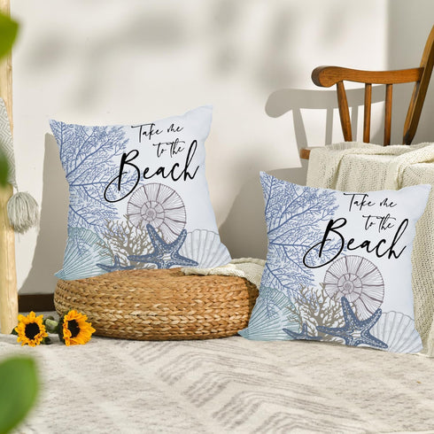2 Pack Waterproof Take Me to The Beach Summer Pillow Covers 18x18 Inch, Blue Ocean Sea Shell Coral Conch Starfish Throw