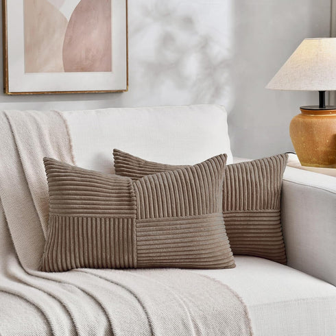 Fancy Homi Set 2, 24x12 Inch of Light Brown Patchwork Corduroy Decorative Soft Striped Modern Accent Cushion Case