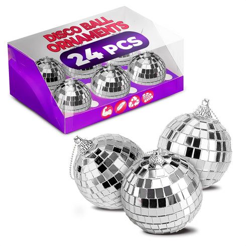 24 PCs Mini Disco Balls Set - 1.8 in Ornaments for Parties, Lightweight & Portable Decorations, Silver Sparkle
