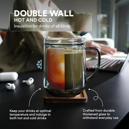 500ml ovalware Double Wall Glass Coffee Mugs, Single Lip Mugs Made of Durable Borosilicate Glass, Insulated Coffee Mug
