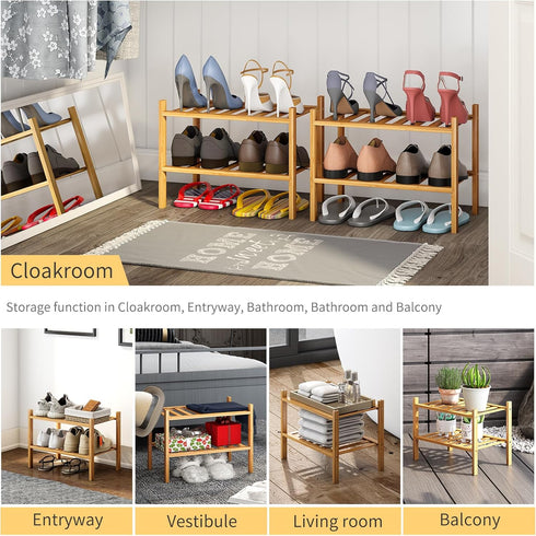 Furshus 2-Tier Closet, Small Shoe Rack, Bamboo Stackable Shoe Shelf Storage Organizer, Shoe Stand for Entryway