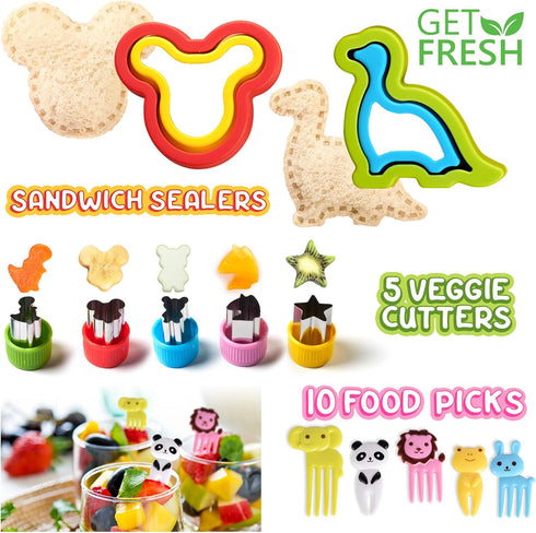 GET FRESH 17-pcs Sandwich Cutters and Sealers for Kids - Stainless Steel Dino Mouse Metal Sealers and Veggie Cutters