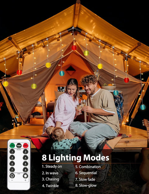 FIALAME in,13.12ft 100 20 Lanterns,Remote,8 Multicolor Paper Lantern String Lights Plug LED Twinkle Curtain String