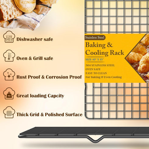 2PCS Cooling Racks for Cooking and Baking - 10" x 15"Heavy Duty Stainless Steel Wire Rack for Baking, Grilling, Roasting - Oven & Dishwasher Safe - Fits Jelly Roll Sheet Pan