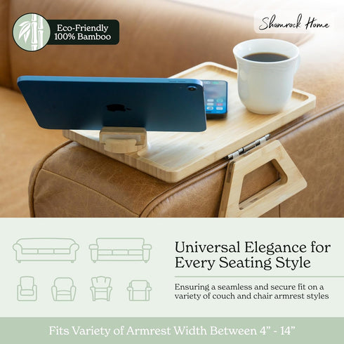 13.75 9.5) Shamrock Home Bamboo Couch Arm Table with Device Holder, Clip On Tray. for TV Dinners, Remotes, Drinks