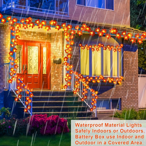 5 Pack Fall Decor Garland with Lights, 50 Ft 100 LED Enlarged Maple Leaves, Waterproof Battery Operated Indoor Outdoor