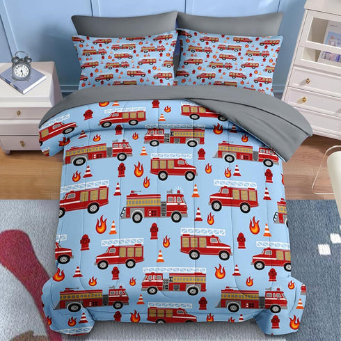 5 Set Nesker Pcs Comforter Twin Size, Red Fire Engine Bedding for Kids Teen, Fire-Fighting Trucks Vehicle Bed Sheet