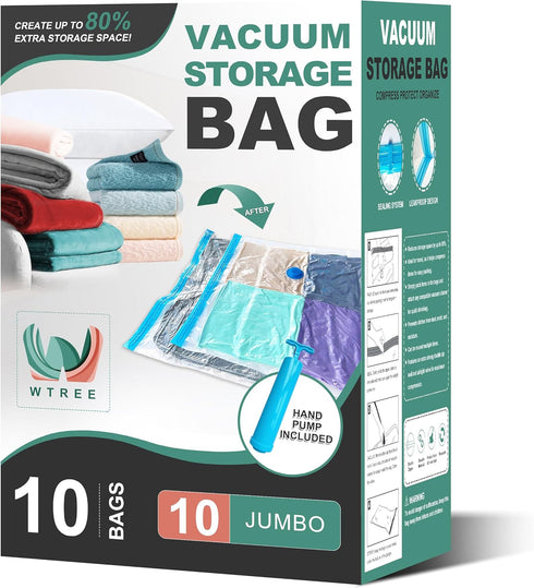Vacuum Storage Bags - Space Saver Bags for Comforters, Blankets, Clothes Storage, 10 Jumbo Bags with Hand Pump Included