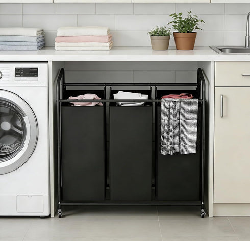 3-Bag 35.6 Gal(135 LINZINAR Laundry Basket, Black Laundry Hamper, L) Laundry Sorter Cart Laundry Room Organization
