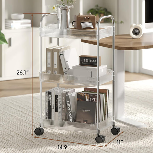 3 STARLATTA Tier Rolling Cart with Lockable Wheels, Clear Acrylic Utility Trolley with Handle, Heavy-Duty Storage