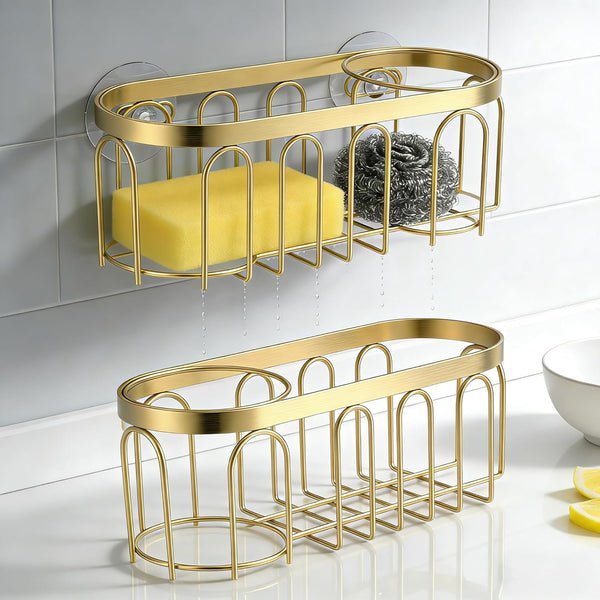 YMKWZ 2Pcs Sponge Holder for Kitchen Sink, Gold Suction Cup Caddy, No-Drilling &