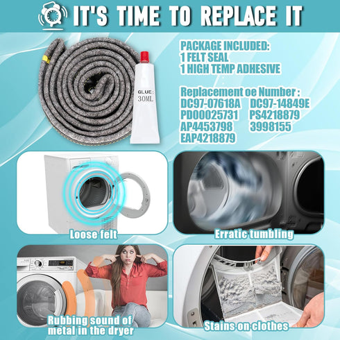Dryer Drum Felt Gasket Seal Repair Replacement Kit, Compatible with Samsung DV42H5200EP/A3 & More, Replace DC97-07618A