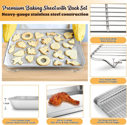 E-far Cookie Sheet with Rack Set, Half Sheet Baking Pan, 18”x13” Stainless Steel Tray with Wire Cooling Rack for