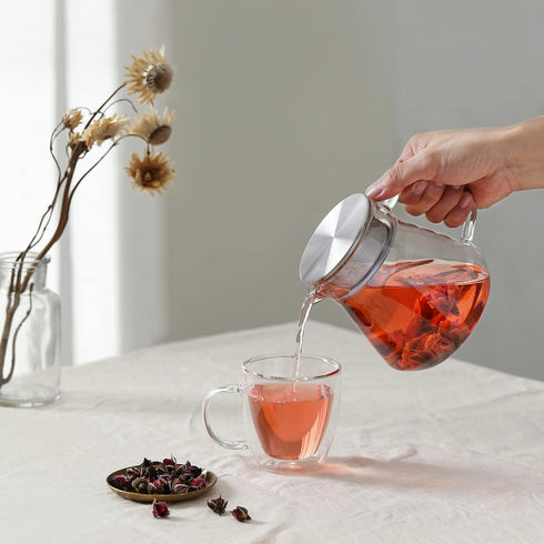 CNGLASS One-Touch Glass Tea Maker, 20oz (600ml) Glass Teapot with Stainless Steel Filter Lid