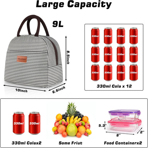 BALORAY Insulated Lunch Bag for Women Men, Reusable Lunch Tote for Work, Picnic, Travel, Black White Stripes