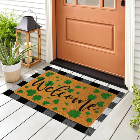 Fabbay 2 Pcs Fall Welcome Doormat, Layered Buffalo Plaid Rug, Pumpkin Rug for Halloween Thanksgiving Indoor Outdoor