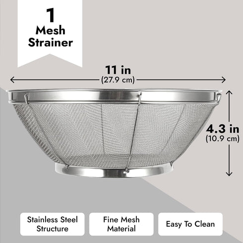 Juvale Fine Mesh Strainer 11" x 4" - Stainless Steel Rice Strainer & Mesh Colander for Pasta