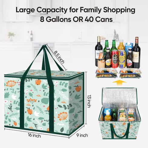 2Pk (16''x9''x13'', BALEINE Insulated Reusable Grocery Bags, Collapsible Cooler Bag for Groceries, Heavy Duty Large