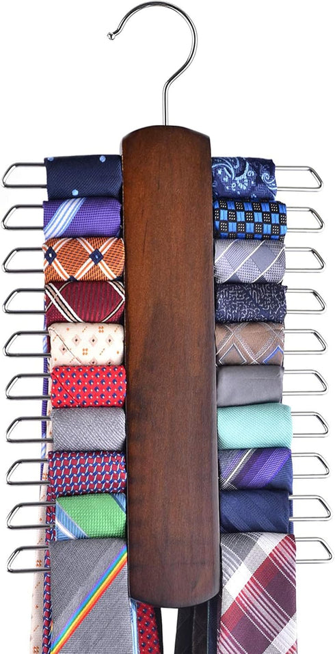 Umo Lorenzo Premium Wooden Necktie and Belt Hanger - Walnut Wood Organizer with 20 Hooks, Non-Slip Finish