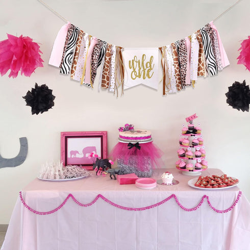 LINGANA 1st Wild One High Chair Banner - Cheetah Birthday Decorations,Wild Animal Print Fabric Banner,First Cheetah
