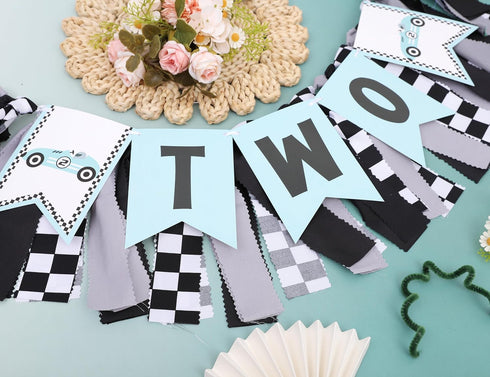 Rweseo 2nd Two Fast Birthday Party High Chair Banner - Racing High Chair Banner, Blue Birthday Bunting,Blue Vintage