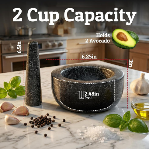 2 Set,100% 6.3 Inch Priority Chef Heavy Duty Large Cup Mortar and Pestle Granite, Non Slip Base, Make Fresh Guacamole