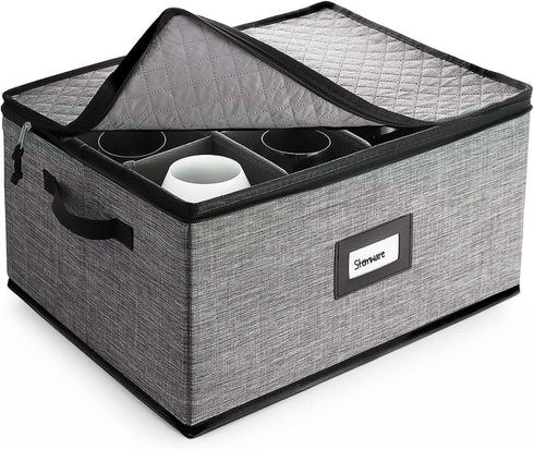 Wine Glass Storage Box with Dividers – Quilted and Stackable Stemware Storage Cases, Service of 12 Glassware Storage