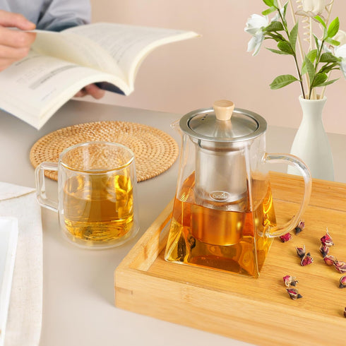 CNGLASS 24oz Glass Teapot with Infuser, Clear Kettle with Removable Stainless Steel Strainer, Stovetop Safe