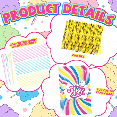 Willinglong 11.5 18.5 Inch Wrapping(200 Sets) Cotton Candy Supplies Kit Include x Plastic Printed Large Candy Bags