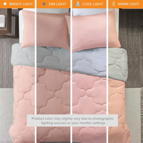 Comfort Spaces Vixie Reversible Comforter Set, Twin/Twin XL 2 Piece, Coral/Gray, Trendy Geometric Quilted Cover