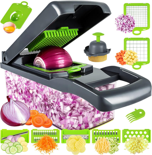 Pro Onion Chopper, Multifunctional 13 in 1 Vegetable Chopper, Kitchen Slicer Dicer Cutter with 8 Blades and Container