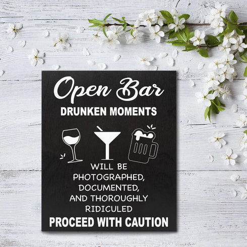 JennyGems Open Bar Hanging Wood Sign | Funny Wedding Reception Decor, Drunken Moments Will Be Photographed