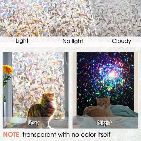 Rainbow Window Privacy Film - Holographic Stained Glass Vinyl 3D Decorative Window Cover, Static Cling, 17.5 x 78.7