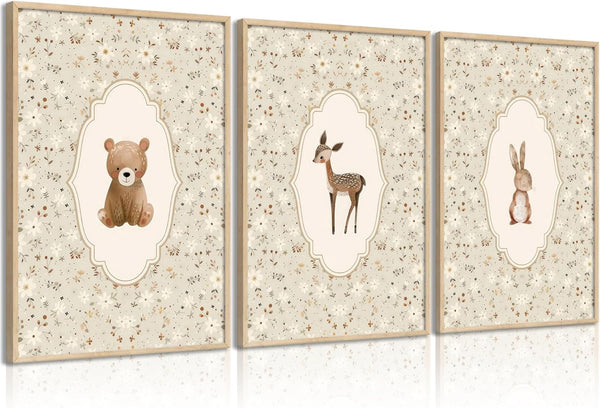 Vintage Woodland Animals Nursery Canvas Wall Art Cute Bunny Bear Deer Picture