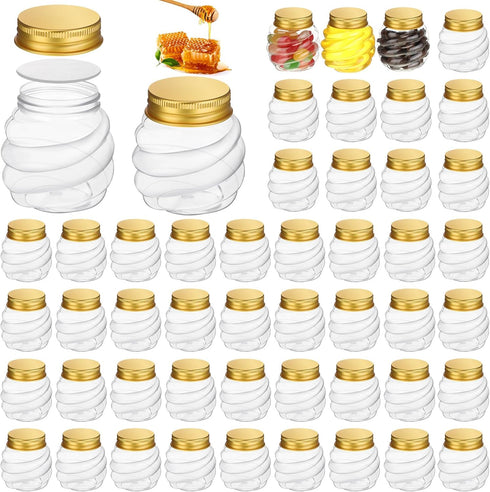 Suclain 50 Pcs 2 oz Honeycomb Plastic Jars with Gold Lids, Mini Honey Jars for Party Wedding Favors, DIY Gift