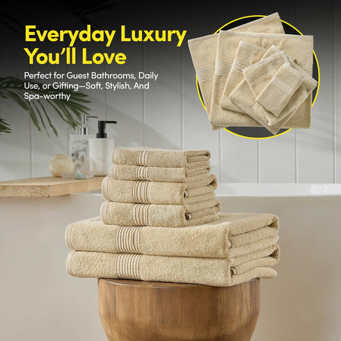 8 Set 100% Bath Towels Piece Towel Combed Cotton Bath + Hand + Washcloths Oeko-TEX Certified Soft & Absorbent Towels