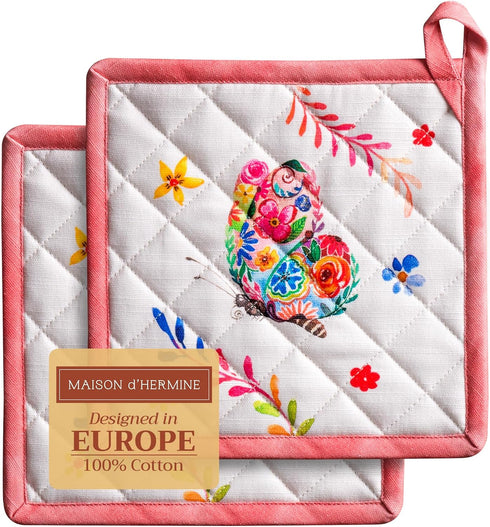 Maison d' Hermine 100% Cotton Pot Holders Set, Heat Resistant 8" x 8" Hot Pads for Cooking, Pack of 2